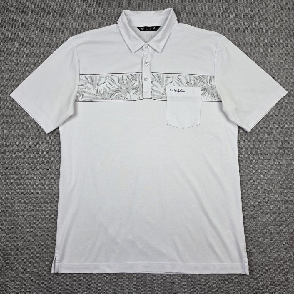 Travis Mathew Mens Polo Shirt Sz Large L White Gray Floral Chest Stripe Pocket